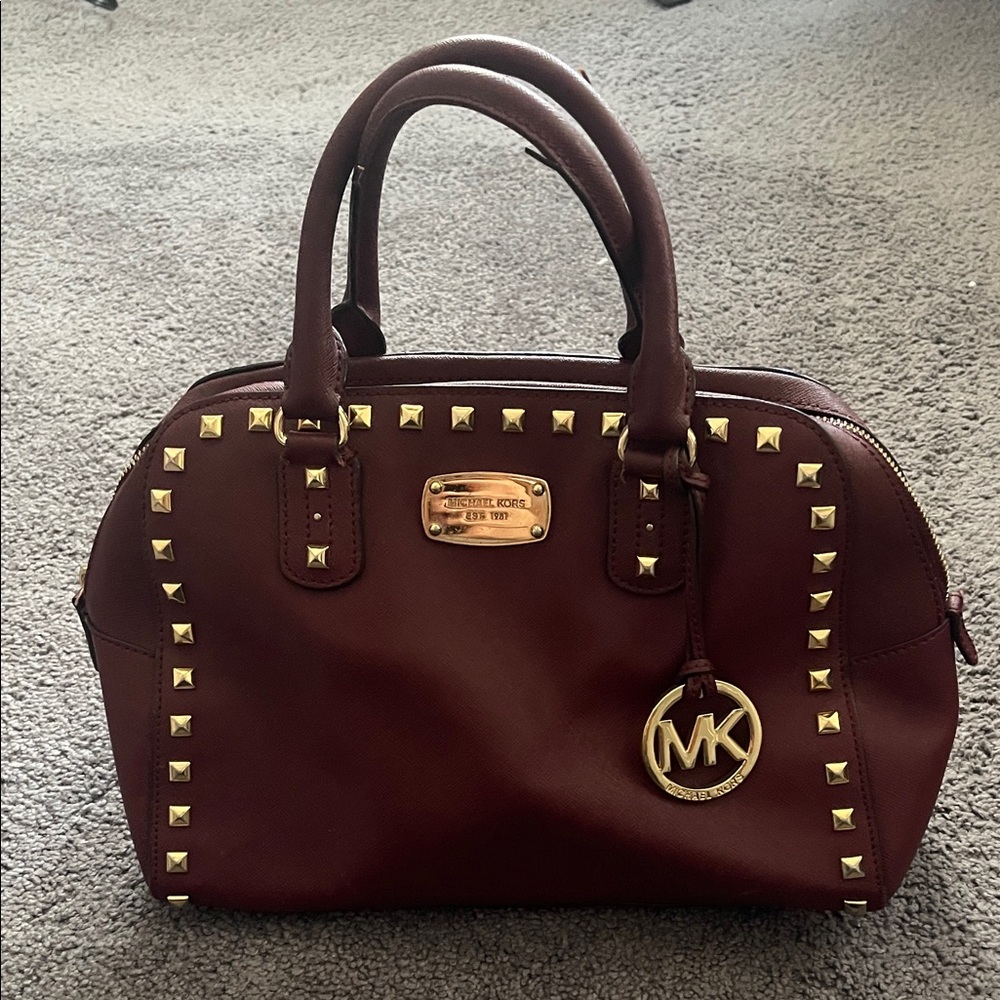 Michael Kors Wine Studded Satchel with Gold Hardware